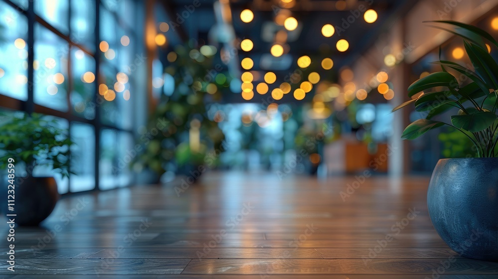 Modern interior with plants, wood floor, and bokeh lights. Modern interior with plants, wood floor, and bokeh lights.