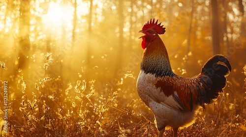 Rooster crowing at sunrise in a forest.