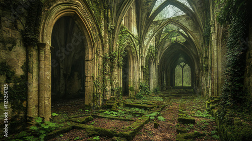 A crumbling monastery, where faint chants echo through empty corridors. Vines and moss cover the stone walls.