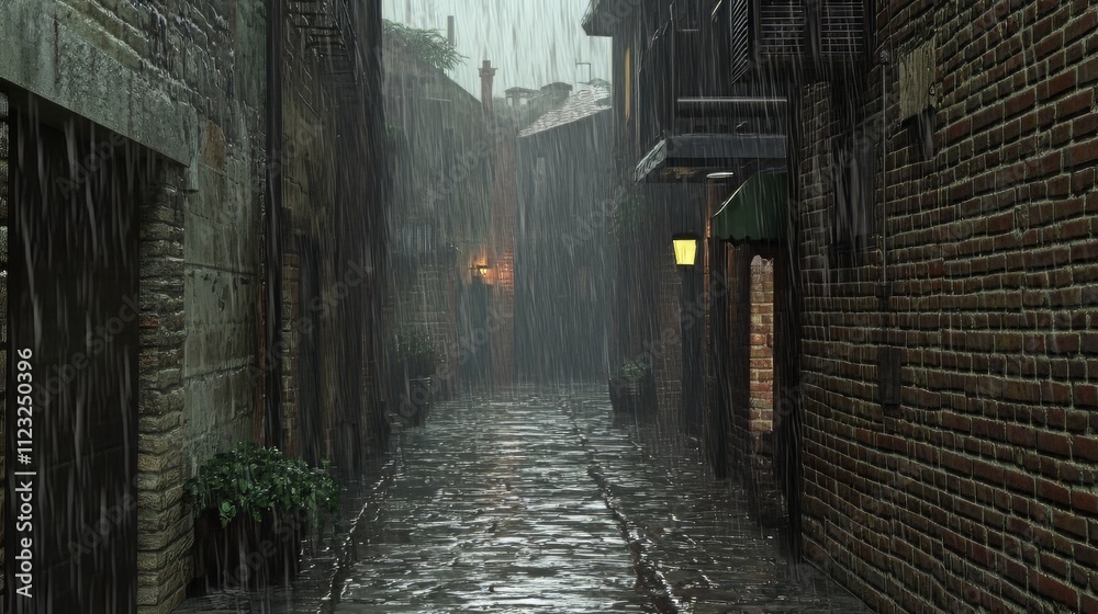 Fototapeta premium View of cyberpunk city alley in the rain. anime background. anime wallpaper. Ultra realistic. Photorealistic
