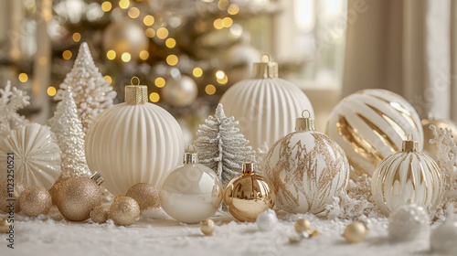 Elegant white and gold Christmas baubles and decorations, beautifully arranged against a festive background photo