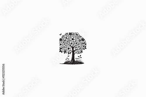 A Dogwood tree vector silhouette Black and white image Made by adobe illustrator..eps