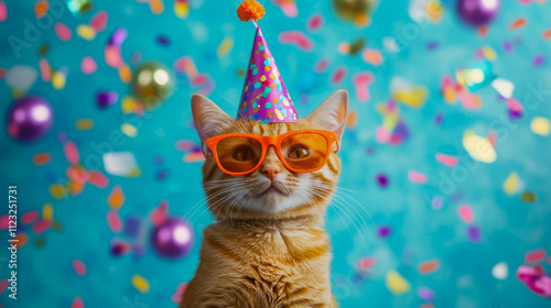 Festive orange tabby cat wearing a bright party hat and stylish orange sunglasses photo