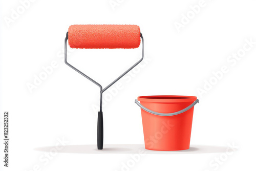 A vibrant paint roller and bucket, perfect for home improvement and DIY projects. isolated on white background. photo