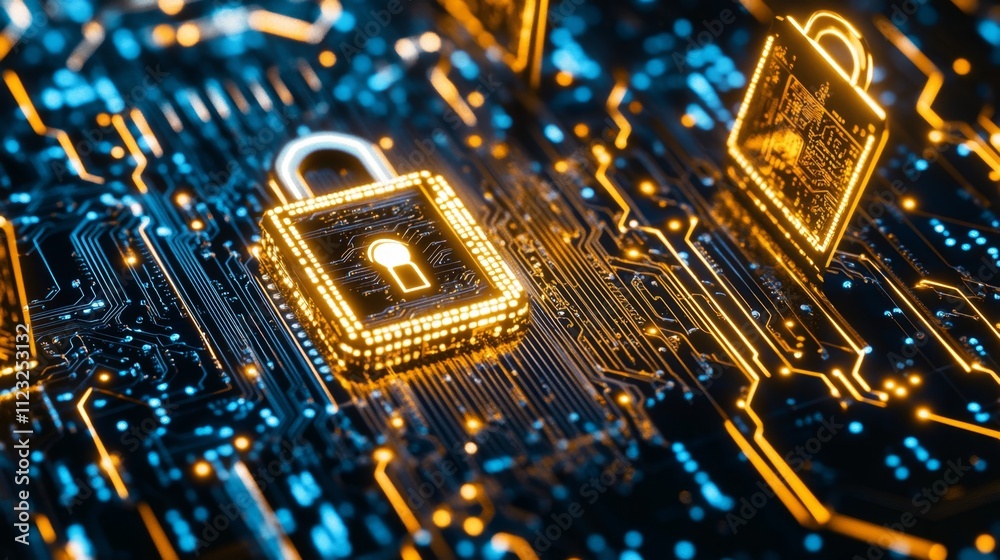 High-tech cybersecurity icon with glowing lines circuit-inspired patterns and dynamic shapes representing data security and cutting-edge technology High-tech cybersecurity icon with glowing lines circuit-inspired patterns and dynamic shapes representing data security and cutting-edge technology