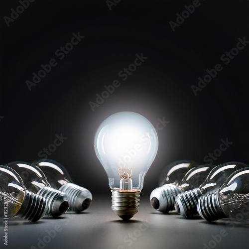 One of Lightbulb glowing among shutdown light bulb in dark area with copy space for creative photo