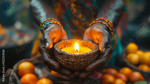 A close-up of a man's hands placing a candle on a Kinara, with a woven basket of fruits and African patterns subtly visible in the background