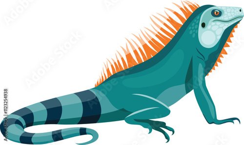 Large green iguana resting peacefully, featuring an eye catching orange crest and a beautifully striped tail, highlights vibrant colors and intricate details of its scaly skin photo