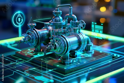 Closeup of a complex industrial machine, possibly a pump, rendered with augmented reality or digital twin technology. Blue hues and circuit patterns highlight advanced manufacturing and digitalization