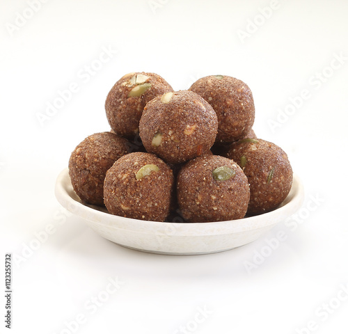 Traditional Indian indian homemade sweet groundnut or mungfali or Peanut Ladoo photo