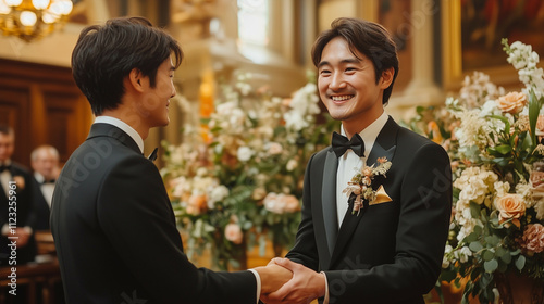 A man shaking hands with another individual in formal wear, receiving a Nobel Prize medal in a grand ceremony hall