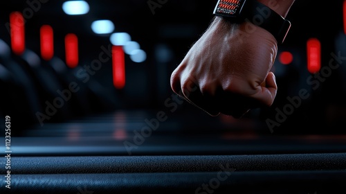 A close-up of a determined athlete's hand preparing for a workout in low light. photo