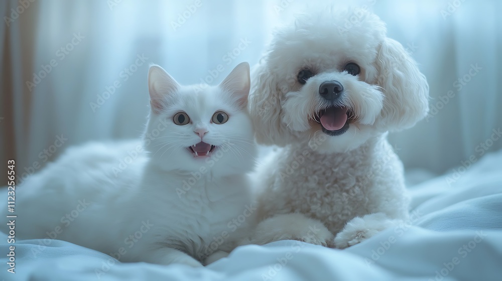 Fototapeta premium Playful petsdog and cat together in cozy home environment