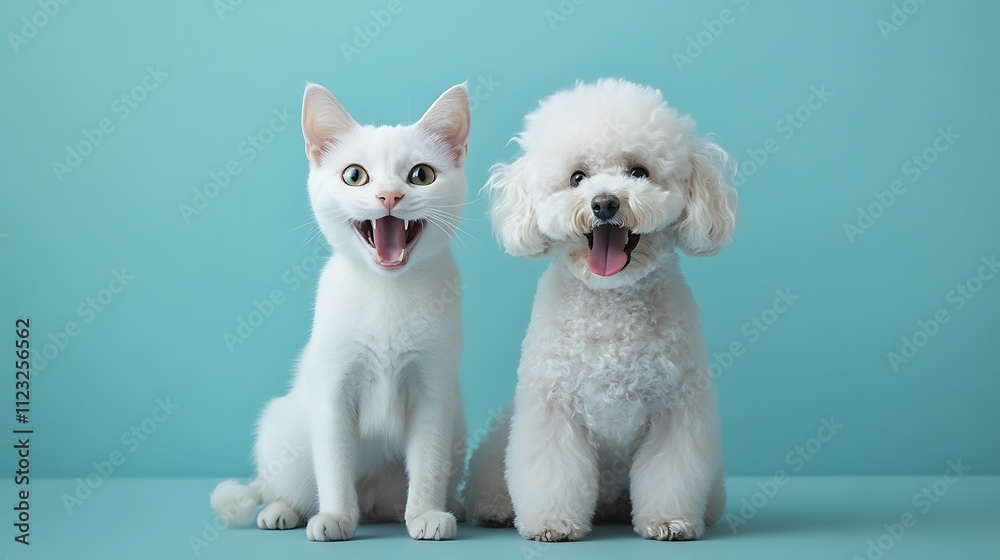 Fototapeta premium Happy pets togethercat and dog portrait studio fun environment