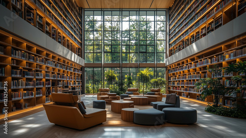 A modern library interior with a focus on numbered shelves and signage for Dewey Decimal categories photo