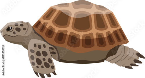 Russian tortoise walking gracefully, revealing its stunning patterned shell in a clean, isolated illustration. Showcasing the beauty of this resilient reptile in nature