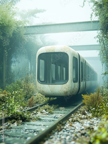 A decayed train car sits on overgrown tracks, surrounded by lush greenery and fog, evoking a sense of mystery and nature's reclamation, Ideal for themes of abandonment, transformation photo