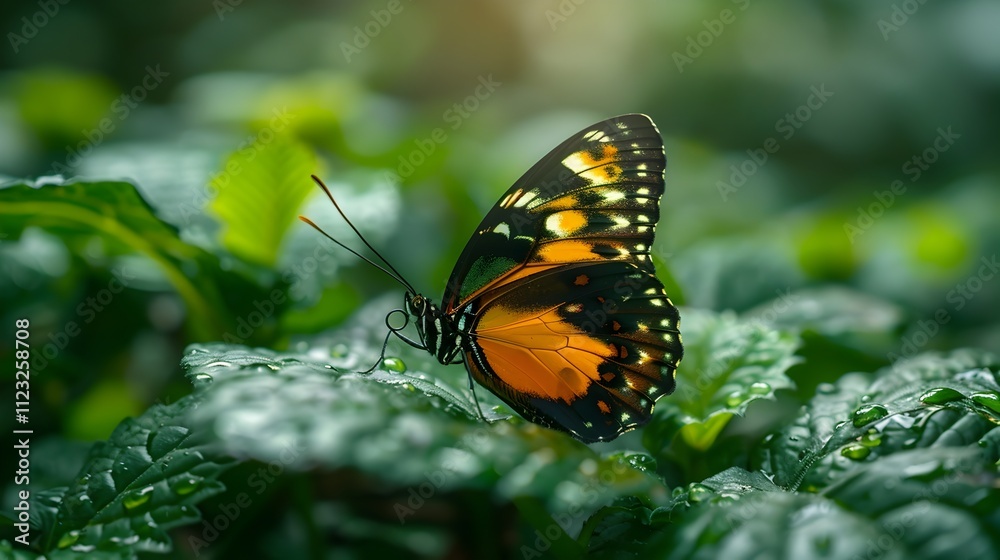Obraz premium A butterfly is sitting on a leaf in a lush green field