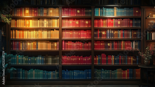 An organized bookshelf with colorful books arranged neatly by size, glowing golden numbers on the spines symbolizing the Dewey Decimal System