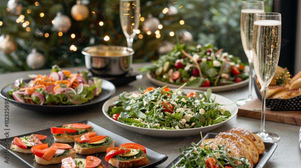 A modern and light New Year's table set with an array of festive foods: salads, bruschetta, and warm dishes, accompanied by champagne. A modern and light New Year's table set with an array of festive foods: salads, bruschetta, and warm dishes, accompanied by champagne.