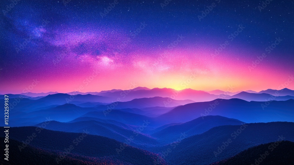 Fototapeta premium Vibrant sunset over majestic mountain range with Milky Way.