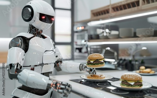 Sad futuristic chef robot making hamburgers. Future of modern automated fast food industry. Robotic AI assistant in the kitchen, smart helper, intelligent companion, adaptive bot. Automation concept photo