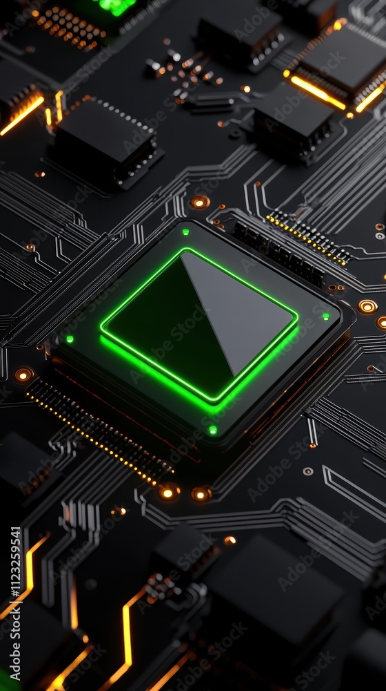 Fototapeta premium Close-up of a circuit board with a glowing green microchip and intricate connections.
