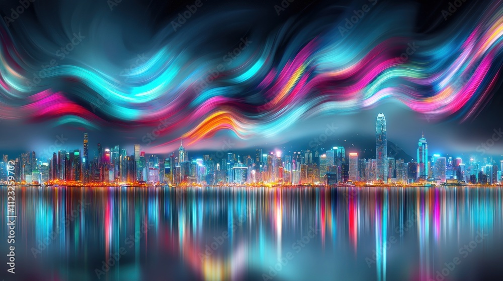 Fototapeta premium Vibrant Hong Kong Nightscape with Colorful Aurora-like Swirls