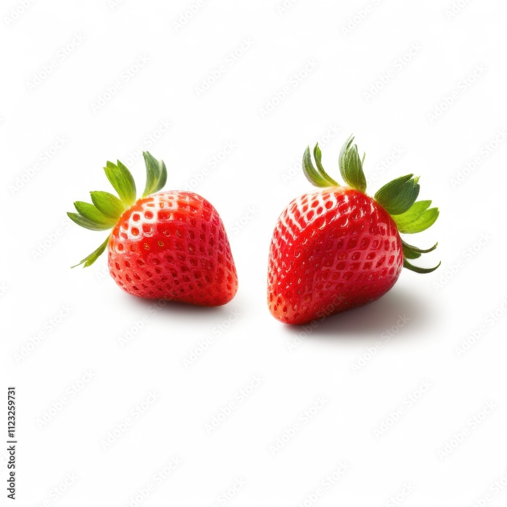A strawberry with green leaves, isolated on a white background. A strawberry with green leaves, isolated on a white background.