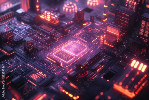 isometric perspective reveals a futuristic server room filled with hightech servers glowing data streams and holographic displays set against a deep abstract neon backdrop