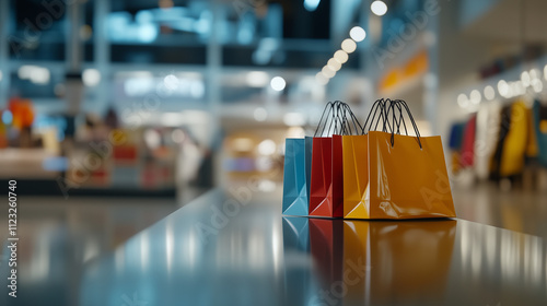 Shopping bags neatly arranged on a sleek counter, symbolizing the balance between consumerism and organization in modern retail environments