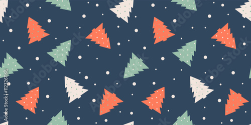 Multicolored Christmas trees on a dark blue background. Seamless pattern. Vector illustration.
