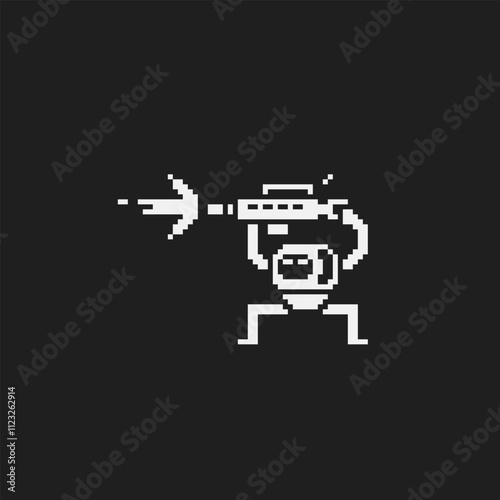 Space man with blaster pixel art character, cosmonaut. Sticker design. Isolated vector illustration.