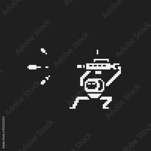 Space man with blaster pixel art character, cosmonaut. Sticker design. Isolated vector illustration.