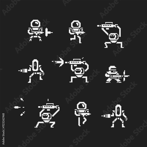 Space man with blaster pixel art character set, cosmonaut. Sticker design. Isolated vector illustration.