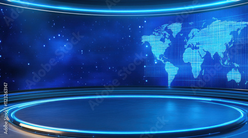 futuristic breaking news studio featuring circular stage and world map backdrop, illuminated with blue lights, creating modern atmosphere