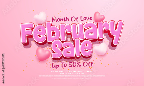 Editable pink text design saying February Love Month Sale on a heart background, showing a sale or promotion for the month of February