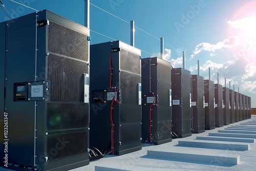 Outdoor array of large industrial batteries for energy storage. Connected, likely for renewable energy grid support. Modern technology for clean energy solutions.