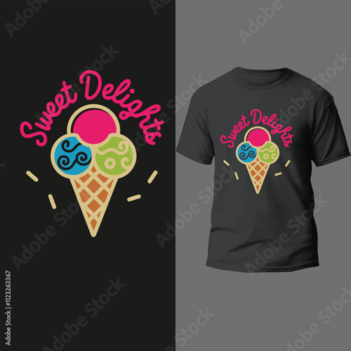 a colorful and playful logo featuring a stylized ice cream cone with three scoops of different flavors, each with a distinct color and pattern, set against a clean white background, with bold, rounded