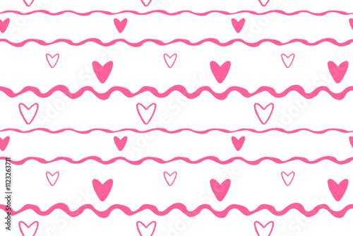 Cute pink hearts wavy lines Seamless pattern lovely romantic Isolated background Valentine's Day textiles fabric wallpaper wrapping paper wallpaper polygraphy Repeating design Fabric print design