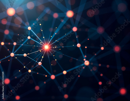 Glowing abstract network of interconnected nodes and lines against a dark background with colorful bokeh lights photo