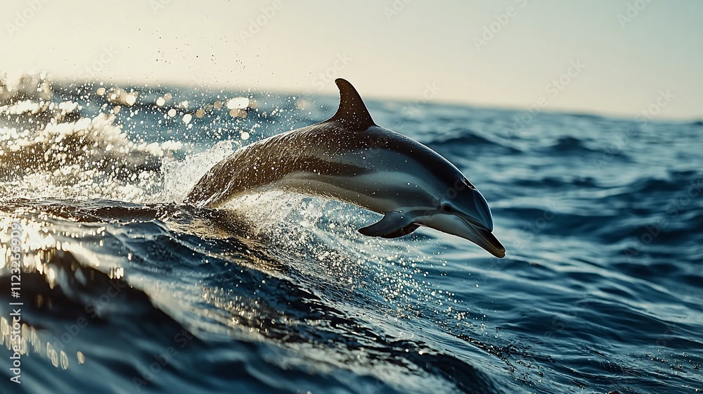 Fototapeta premium Dolphin leaping from ocean wave at sunset.