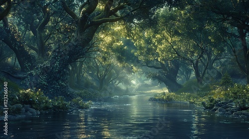 Wallpaper Mural A serene and super realistic image of a tranquil river flowing through a lush green forest. Torontodigital.ca