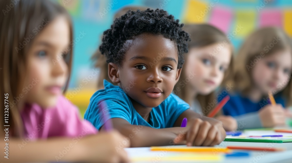 Fototapeta premium A diverse group of children engaged in creative activities, focused on their work in a colorful classroom setting.