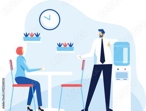 Businessman and businesswoman are taking a break in the office cafeteria, enjoying coffee and conversation near the water cooler, fostering workplace camaraderie and relaxation