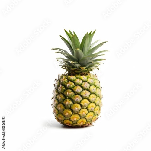 A whole, ripe pineapple with a green crown, isolated on a white background.