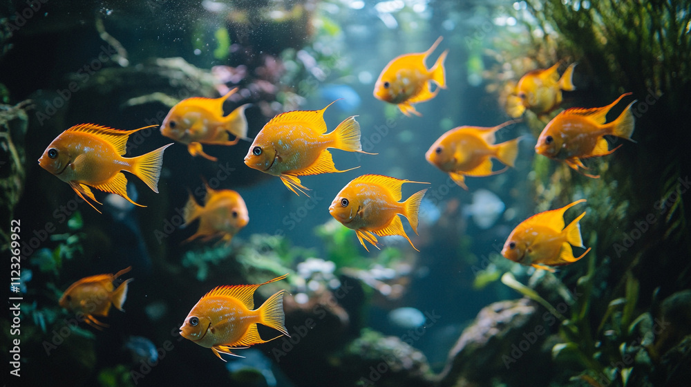 Fototapeta premium Bright yellow fish swim gracefully in a vibrant underwater habitat
