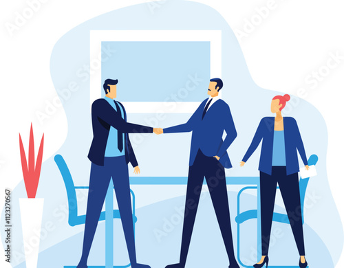 Two businessmen are shaking hands after reaching an agreement during a business meeting, while a businesswoman observes, holding documents, in a modern office setting