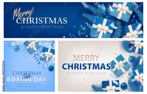 Set of festive Xmas greeting cards with 3d gifts, silver confetti, baubles, candy cane and icy pine branches on blue cyan white background. Merry Christmas and Happy New Year! Holidays various banners