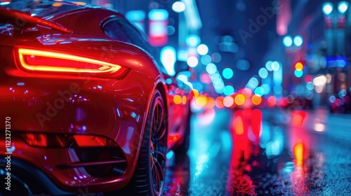 Wallpaper Mural Red sports car parked on a wet city street at night, with blurred city lights in the background. Torontodigital.ca
